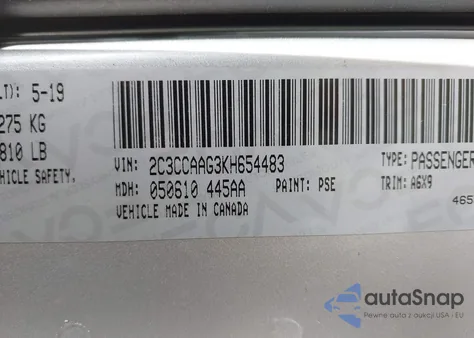 2019 Chrysler 300 Touring z USA, uszkodzony, nr VIN 2C3CCAAG3KH654483